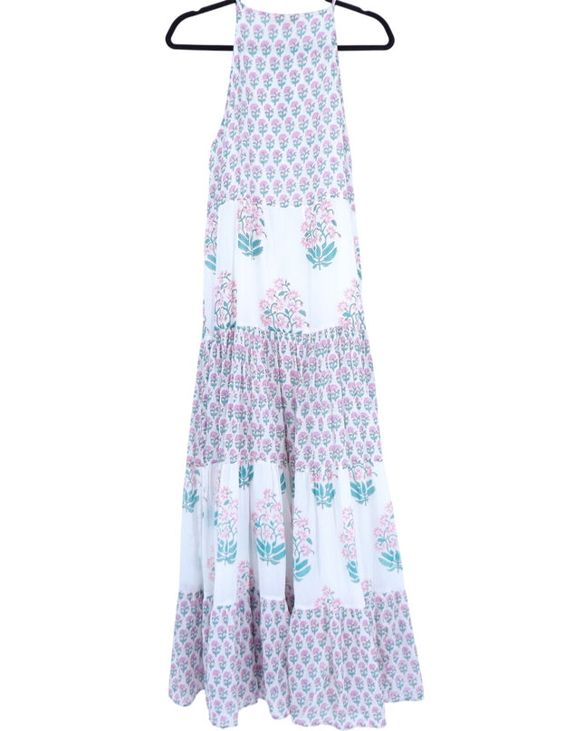 OLIPHANT Long Tiered Tassel Dress White Pastel Ditsy Floral Peasant Women's L