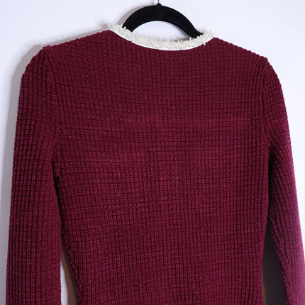 Self-Portrait Burgundy Pearl Trim Knit Midi Dress Long Sleeve Women's M