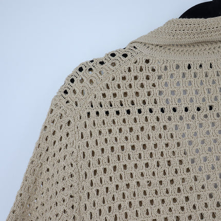 Vince Macrame Cotton Polo Sweater Pale Nut Open Knit Pullover Women's L