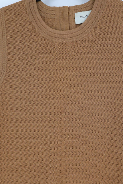 ST. JOHN Purl Knit Midi Sheath Dress Beige Sleeveless Gold Buttons Women's L