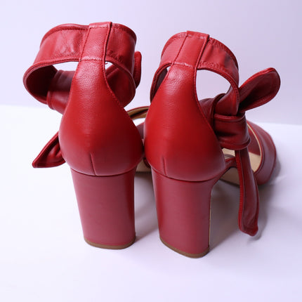 MARION PARKE Leather Ankle Tie Sandal Red Open Toe Blocked Heel Women's 38/US 8