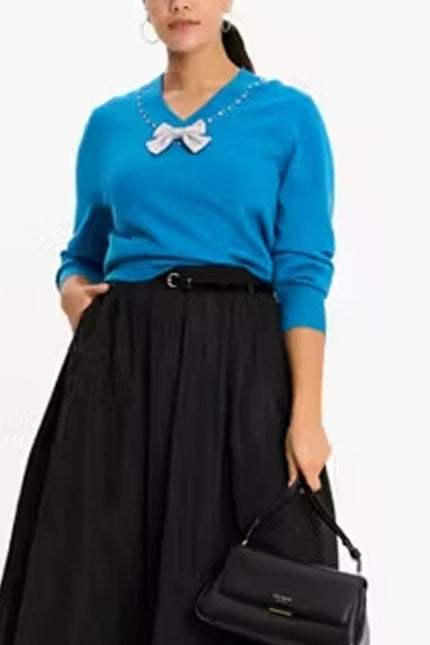 KATE SPADE NWT Bow Embellished V Neck Sweater Bright Cerulean Women's S