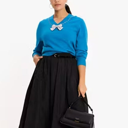 KATE SPADE Bow Embellished V Neck Sweater NWT Bright Cerulean Women's S