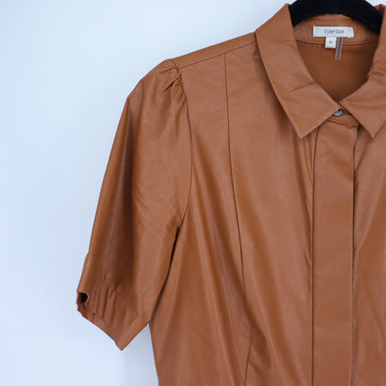 Tyler Boe Mitzi Vegan Leather Dress Light Brown Collared Short Sleeve Women's M