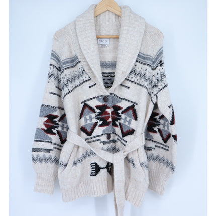 Saylor Vanisha Belted Sweater Cardigan Oatmeal Cabin Print Women's XS