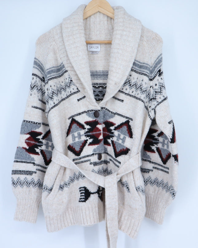Saylor Vanisha Belted Sweater Cardigan Oatmeal Cabin Print Women's XS