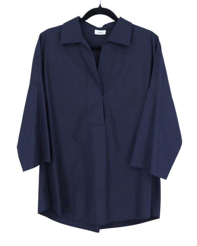 Akris Punto Elements Kimono Sleeve Blouse Navy Split Neck Popover Women's 10