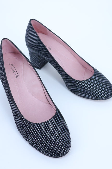 JULIETA Zoe Textured Pumps Black and Silver Block Heel NEW Women's 7
