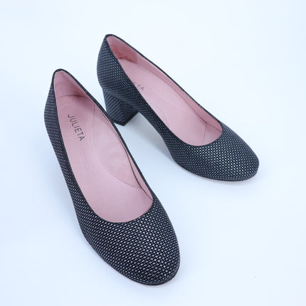 JULIETA Zoe Textured Pumps Black and Silver Block Heel NEW Women's 7
