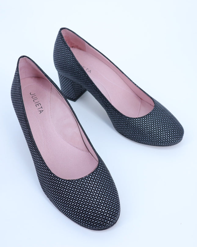 JULIETA Zoe Textured Pumps Black and Silver Block Heel NEW Women's 7