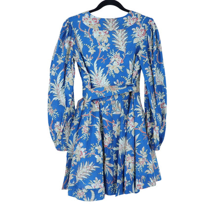 Mille Nan Wrap Dress Blue Floral Cotton Balloon Sleeve Mini Women's XS