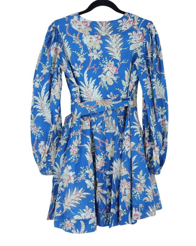 Mille Nan Wrap Dress Blue Floral Cotton Balloon Sleeve Mini Women's XS