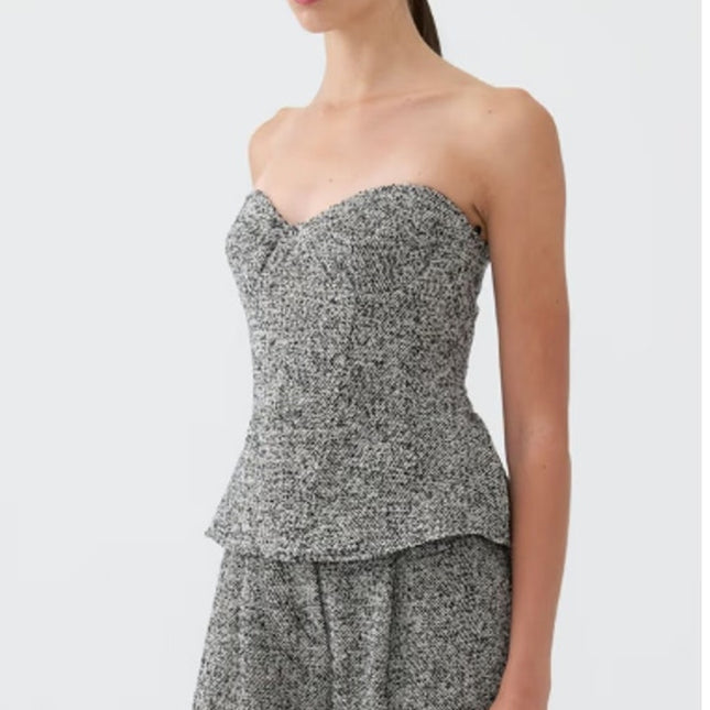 NOCTURNE Tweed Strapless Corset Top Sweet Heart Neck Black and White Women's XL