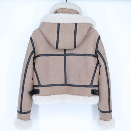 SAM Farryn Shearling Aviator Jacket Tan Black Leather Long Sleeve Coat Women's M
