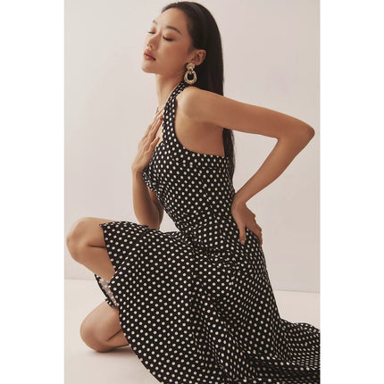 MAEVE Halter Ruched Midi Dress Black Polka Dot NWT Sleeveless Women's 10