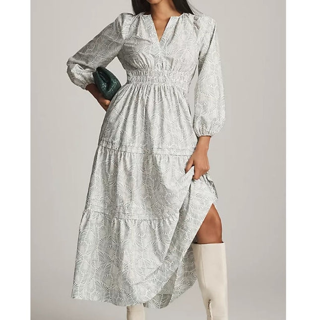 by ANTHROPOLOGIE Somerset Maxi Dress Blue Printed Popover Long Sleeve Women's XS