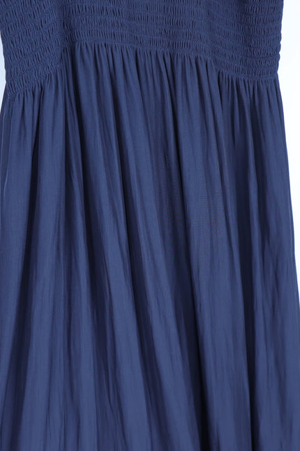 RAMY BROOK Camden Ruffle Maxi Dress Navy Blue Accordion Pleat V Neck Women's M
