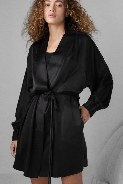 LUNYA Oversized Silk Mini Robe Immersed Black Belted Loungewear Women's L/XL