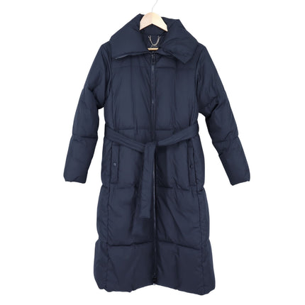 J. Crew Long Belted Puffer Coat Black Hooded Full Zip PrimaLoft Women's XXS