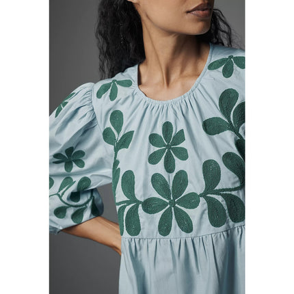 by ANTHROPOLOGIE Embroidered Midi Dress Light Blue Puff Sleeve Women's XS