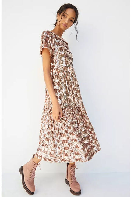 MAEVE NEW Bernadette Sequined Midi Dress Pink Rose Tiered Lined Women's XS