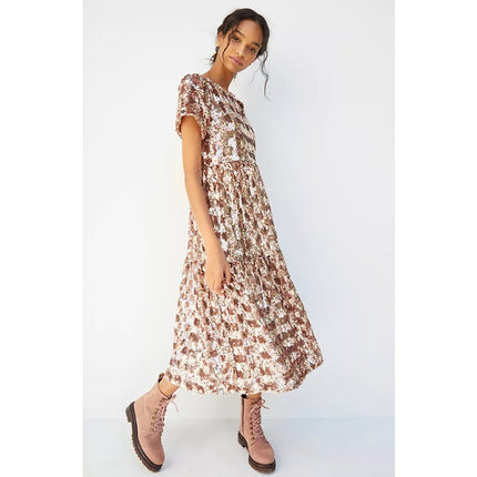 MAEVE Bernadette Sequined Midi Dress NWT Pink Rose Tiered Lined Women's XS