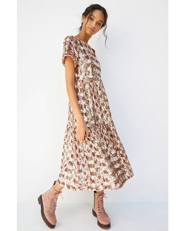 MAEVE Bernadette Sequined Midi Dress NWT Pink Rose Tiered Lined Women's XS