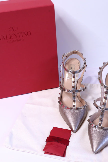 VALENTINO GARAVANI Rockstud Metallic Pumps Iron Ankle Strap Women's 41.5/US 11.5