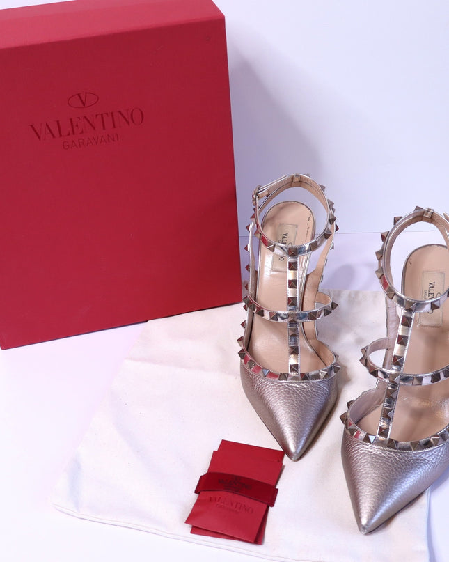 VALENTINO GARAVANI Rockstud Metallic Pumps Iron Ankle Strap Women's 41.5/US 11.5