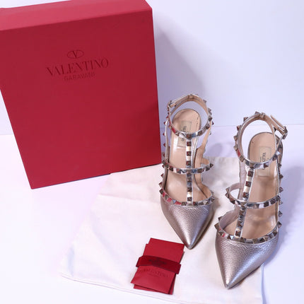 VALENTINO GARAVANI Rockstud Metallic Pumps Iron Ankle Strap Women's 41.5/US 11.5