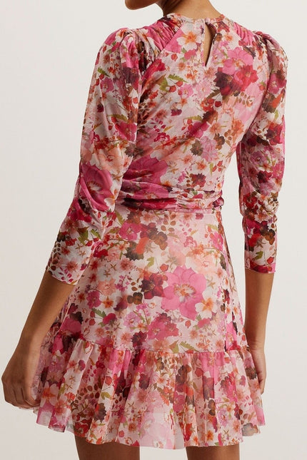 TED BAKER NWT Mildrd Mesh Mini Dress Pink Ruffle Shoulder Gathers Women's 0
