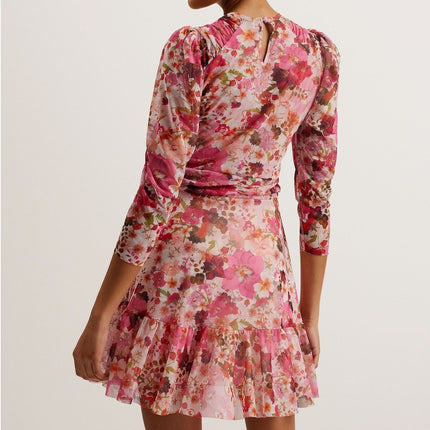 TED BAKER Mildrd Mesh Mini Dress NWT Pink Ruffle Shoulder Gathers Women's 0