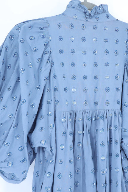 NEVER A WALLFLOWER High Neck Midi Dress Blue Cross Hatch Puff Sleeve Women's XS