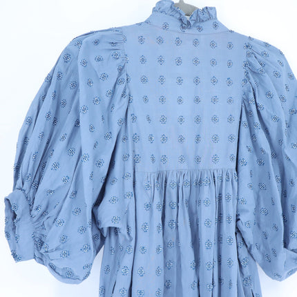 NEVER A WALLFLOWER High Neck Midi Dress Blue Cross Hatch Puff Sleeve Women's XS