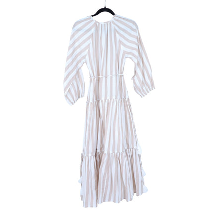 Mille Natalia Midi Dress Beige White Stripe NWT Tasseled Tiered Women's XS