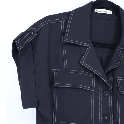 Brave + True Portia Shirt Black Contrast Stitch Roll Tab Sleeve Women's XS