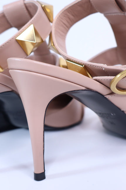 VALENTINO Roman Stud Leather Heeled Sandal Blush Pink Pointed Toe Women's 36