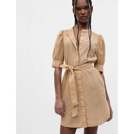 Gap Puff Sleeve Linen Cotton Shirtdress Beige NWT Belted Women's XXS