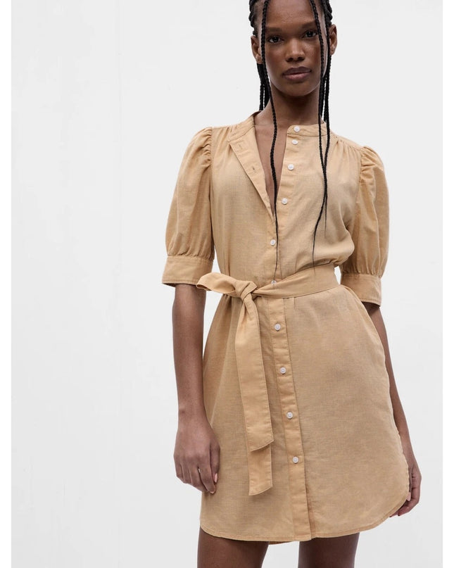 Gap Puff Sleeve Linen Cotton Shirtdress Beige NWT Belted Women's XXS