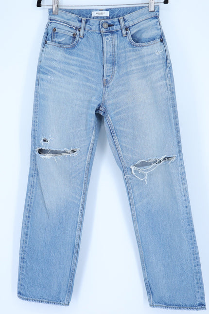MOUSSY Tifton Wide Straight Jeans Light Blue High Rise Distressed Women's 28