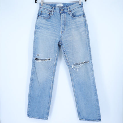 MOUSSY Tifton Wide Straight Jeans Light Blue High Rise Distressed Women's 28