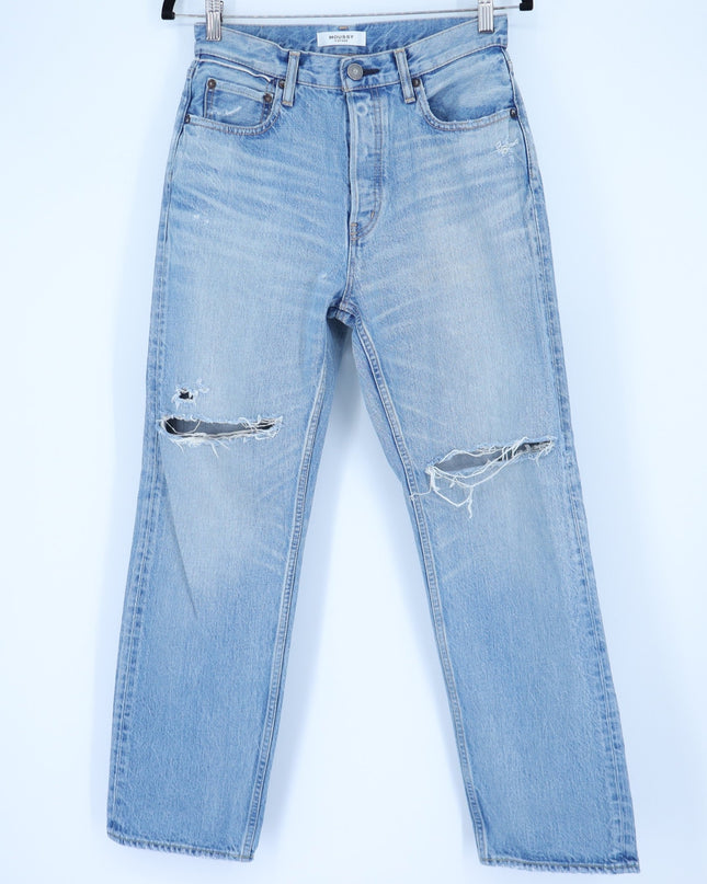 MOUSSY Tifton Wide Straight Jeans Light Blue High Rise Distressed Women's 28