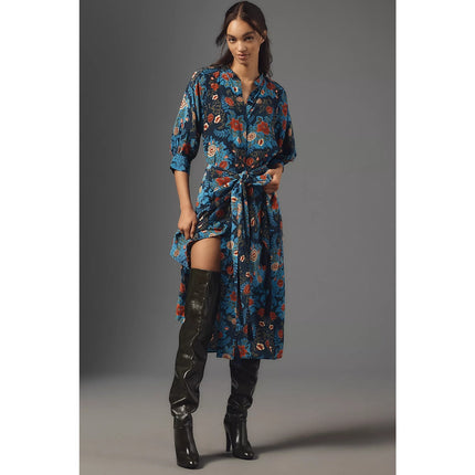 FARM Rio Arabesque Floral Midi Dress Blue Wrap Tie Puff Sleeve Women's S