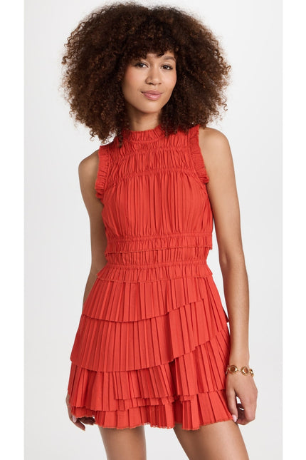 SEA Greir Pleating Crepe Mini Dress Poppy Orange Asymmetrical Skirt Women's S