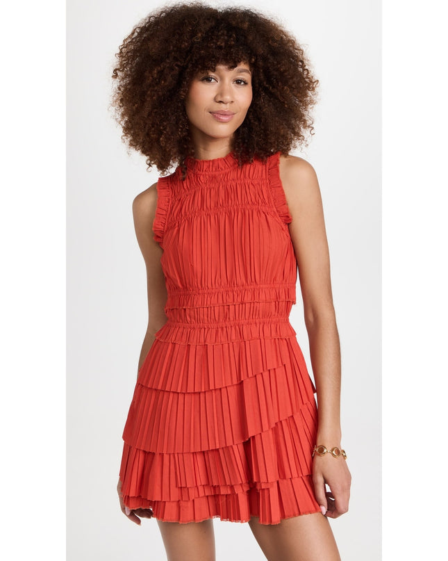 SEA Greir Pleating Crepe Mini Dress Poppy Orange Asymmetrical Skirt Women's S