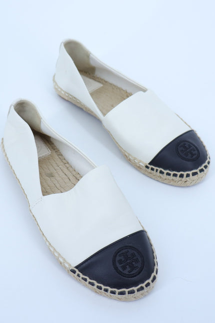 TORY BURCH Cap Toe Espadrilles White and Black Flat Leather Slip On Women's 6M