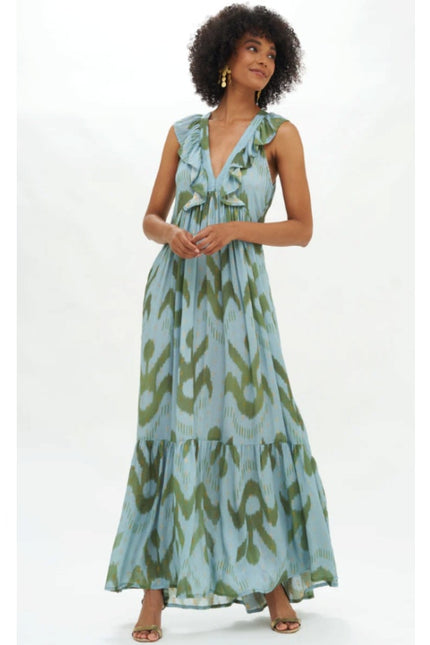 OLIPHANT Ruffle V-Neck Maxi Dress Chitka Blue Green Printed Sleeveless Women's L