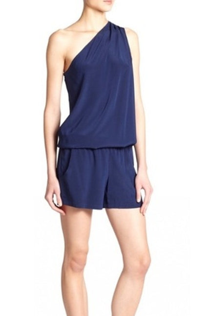 RAMY BROOK Navy Silk Lulu Romper Blue One Shoulder Draped Sleeve Women's L