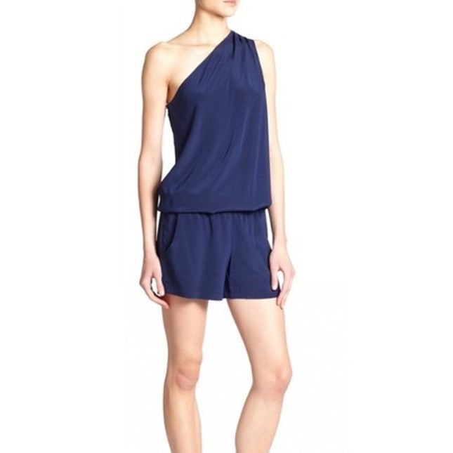 RAMY BROOK Silk Lulu Romper Navy Blue One Shoulder Draped Sleeve Women's L