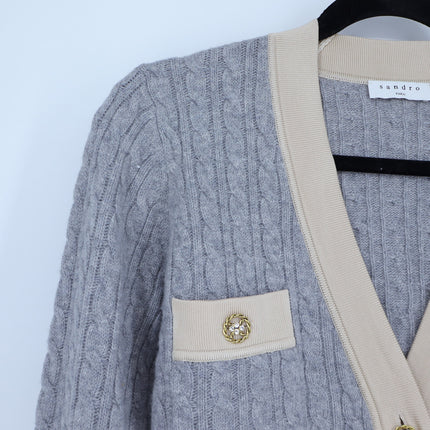 Sandro Jane Cable Knit Sweater Gray and Tan Cashmere Wool Women's 0/US XS